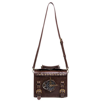Bronze steampunk industrial retro shoulder bag with metal hardware on horizontal square pillow bag design