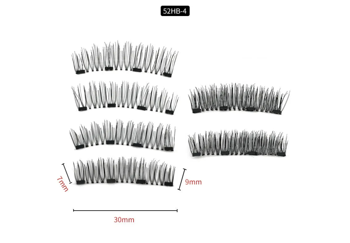 Four magnet false eyelashes in imported fibre with hand made construction and optional eyelash curler