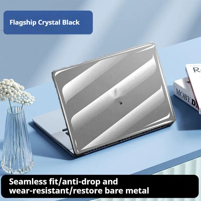 Transparent protective shell for MacBook Air and Pro laptops, showing slim 1.2mm design and ice crystal colour options