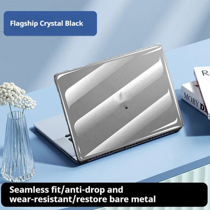 Transparent protective shell for MacBook Air and Pro laptops, showing slim 1.2mm design and ice crystal colour options