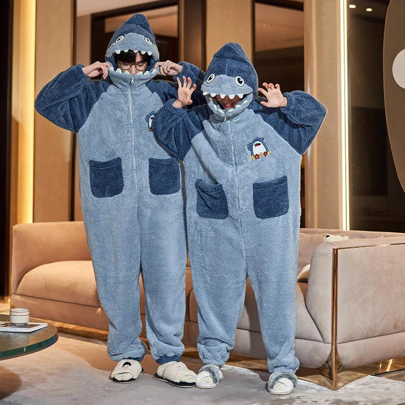 Cartoon design winter jumpsuit with coral fleece lining for warmth