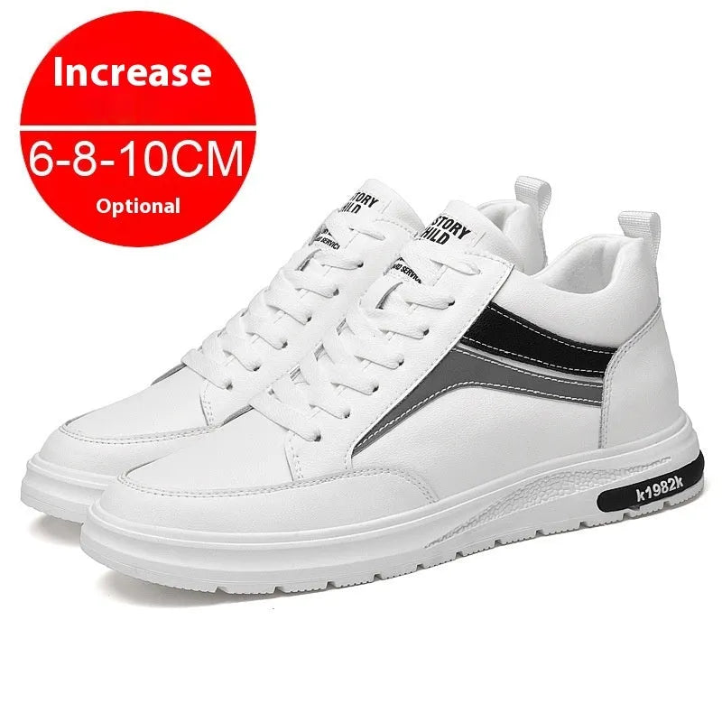 Men's white and black low-top casual sneakers with round toe and lace-up front, showcasing sewing line detail.