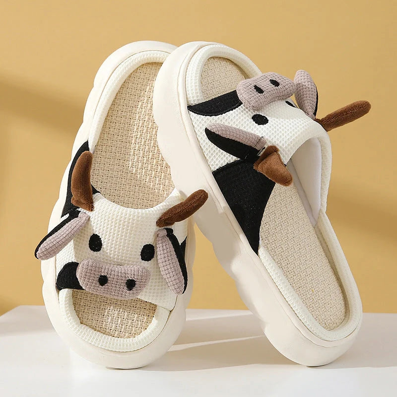 Cartoon Cow Frog Linen Slippers with non-slip PVC sole in various colours