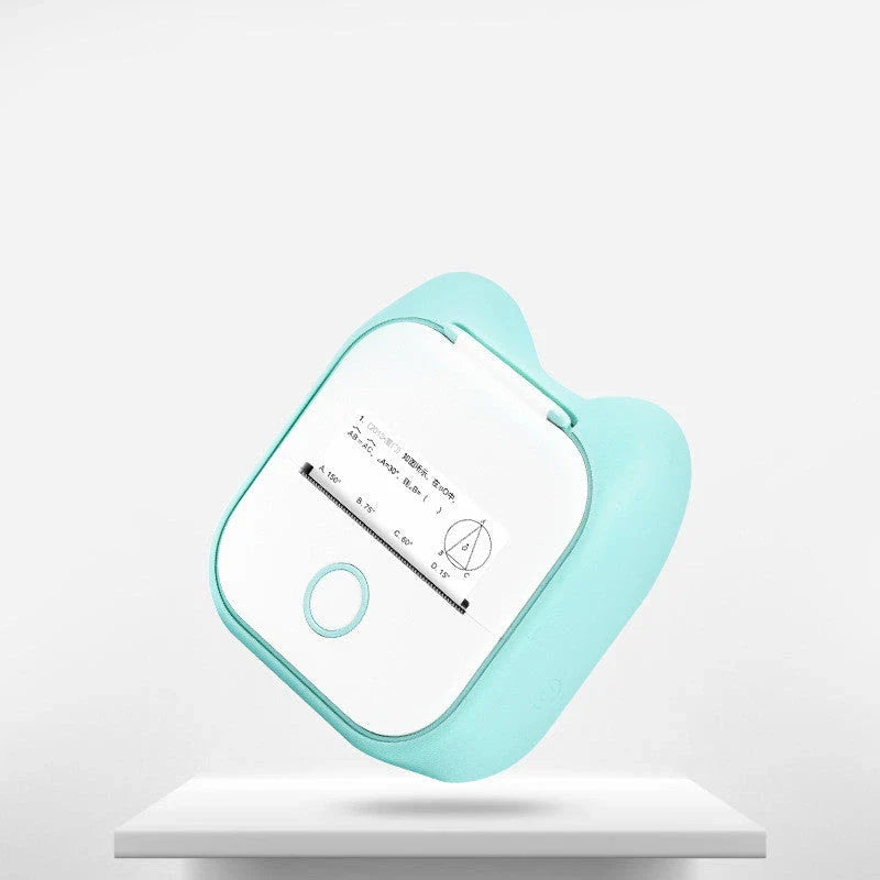 Compact Bluetooth-enabled thermal label printer in white, pink, and green colors with various label options