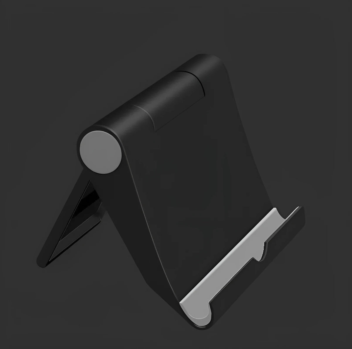 Black PE folding mobile phone stand holding a smartphone at an angle on a desktop.