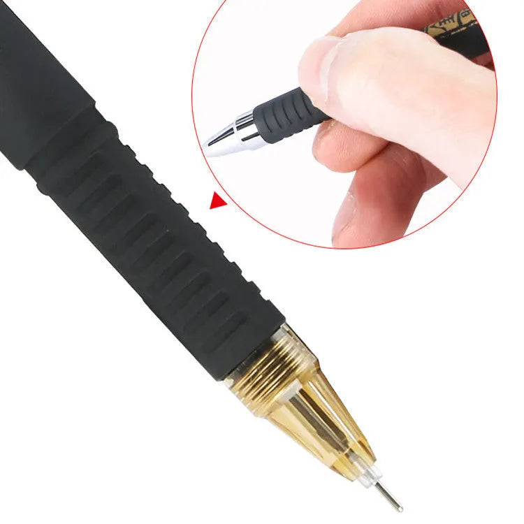 Pack of eight black gel pens with anti-fatigue grips, showing bullet and needle tip options.