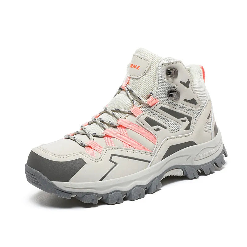 High-top hiking shoes in flannel with natural rubber sole, shown in colour options for outdoor wear.