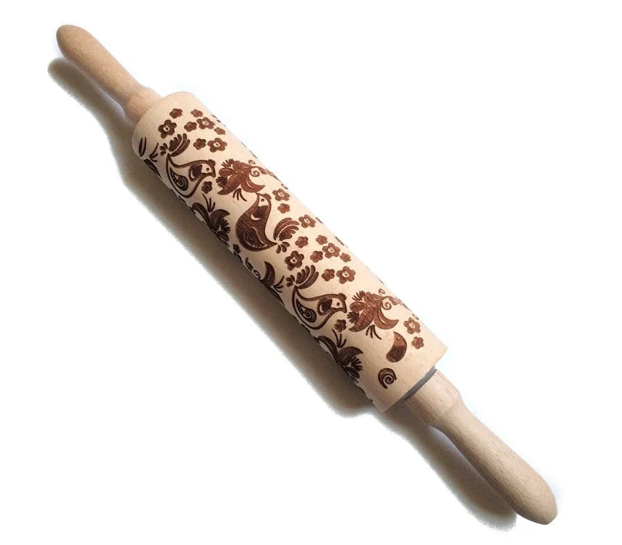 Festive rolling pin with embossed Christmas designs for easy imprinting on dough