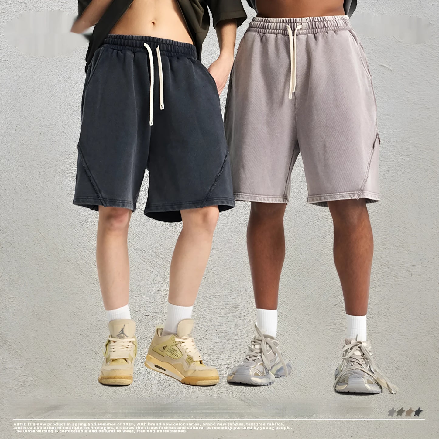 Men's batik washed cotton terry shorts in loose fit with patch craft details