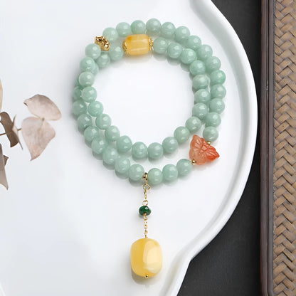 Double-layer retro women's bracelet with jade round beads and beeswax barrel beads in geometric design