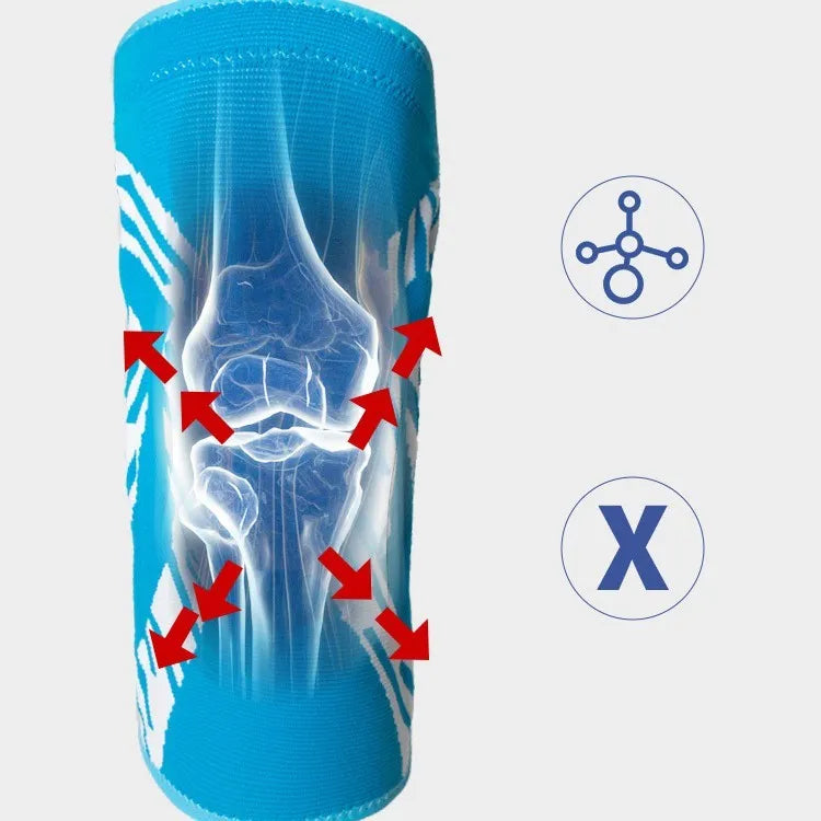 Black nylon basketball knee pads with adjustable straps shown on a knee