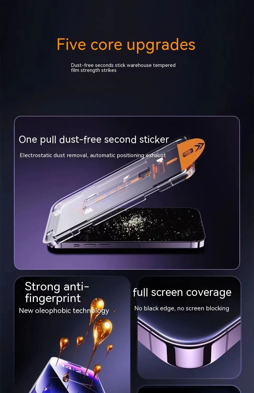 Dust-free warehouse tempered glass screen protector for iPhone showing frosted finish and second sticker box.