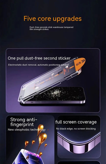 Dust-free warehouse tempered glass screen protector for iPhone showing frosted finish and second sticker box.