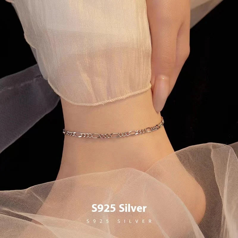 S925 Sterling Silver Hip Hop Anklet Bracelet Unisex White Gold Color
