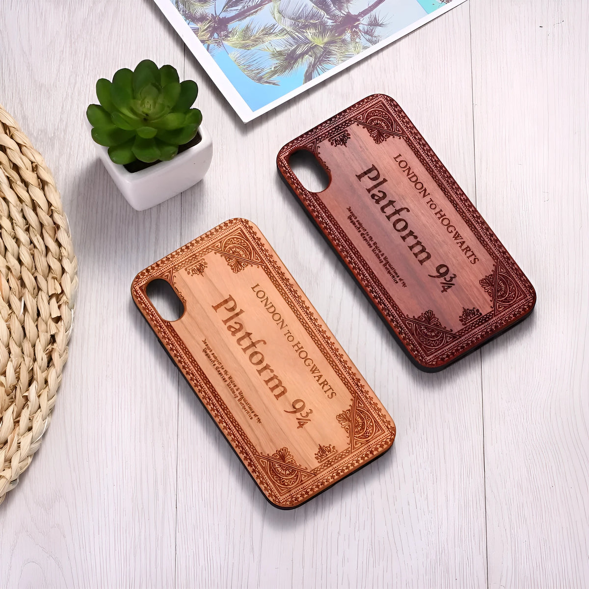 Wooden iPhone case with laser-carved floral design and flexible TPU bumper in natural wood finish.