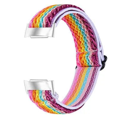 Printed elastic watch strap compatible with Fitbit Charge 6 shown in adjustable position