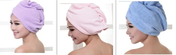 A woman wearing a sky blue microfiber hair dryer cap, with wet hair tucked inside, showing the towel's wrap-around design.