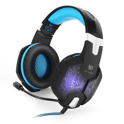 G1000 gaming headset with microphone in Blue, over-ear wired design with 3.5 dual plug and USB connection