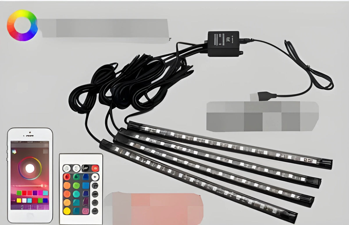 Car sole atmosphere lamp set with four LED light bars, 5V USB and 12V, music sound control, IP65