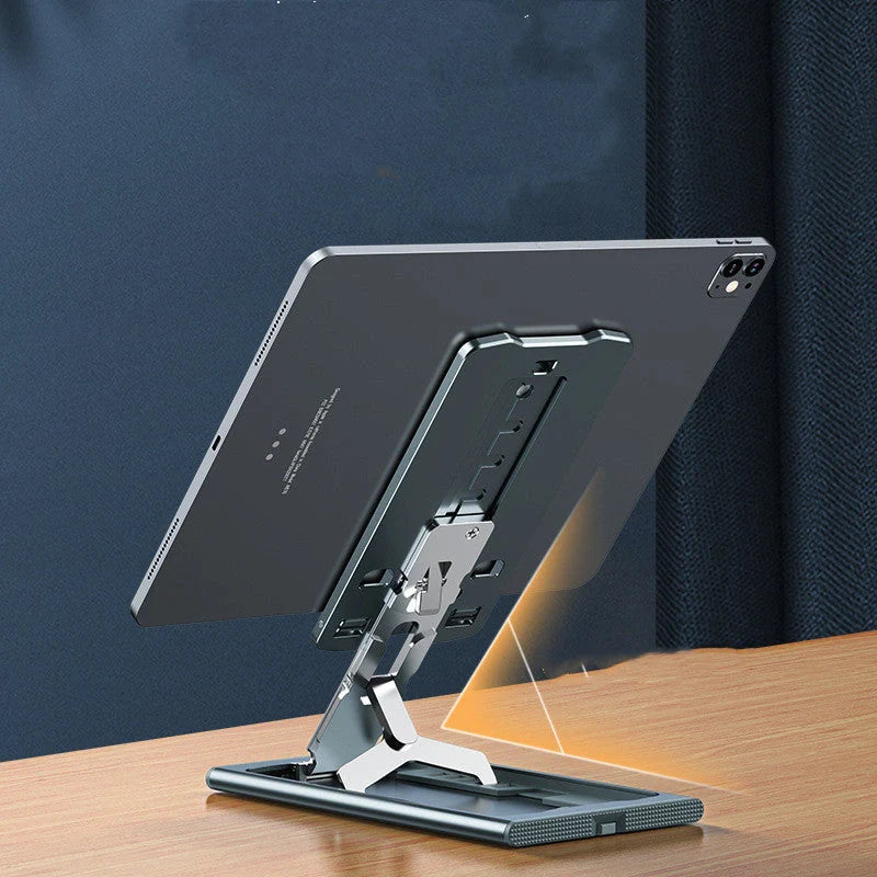 Aluminum alloy mobile phone stand in grey, rose gold, silver, and blue, adjustable angle for desktop use