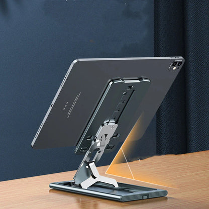 Aluminum alloy mobile phone stand in grey, rose gold, silver, and blue, adjustable angle for desktop use