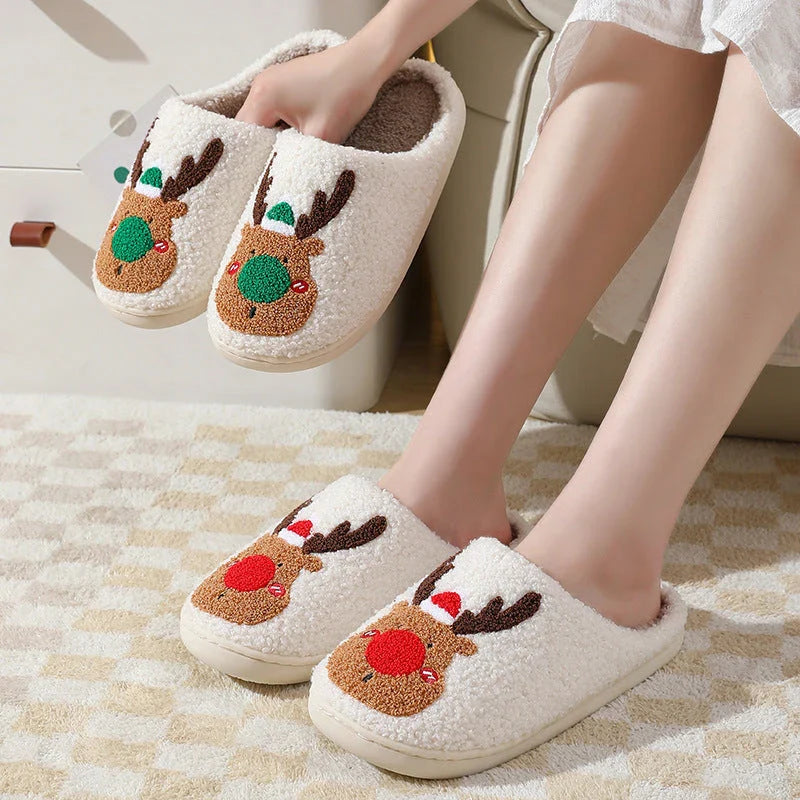 Cozy elk-themed winter home slippers in various candy colors with soft suede upper and supportive EVA sole