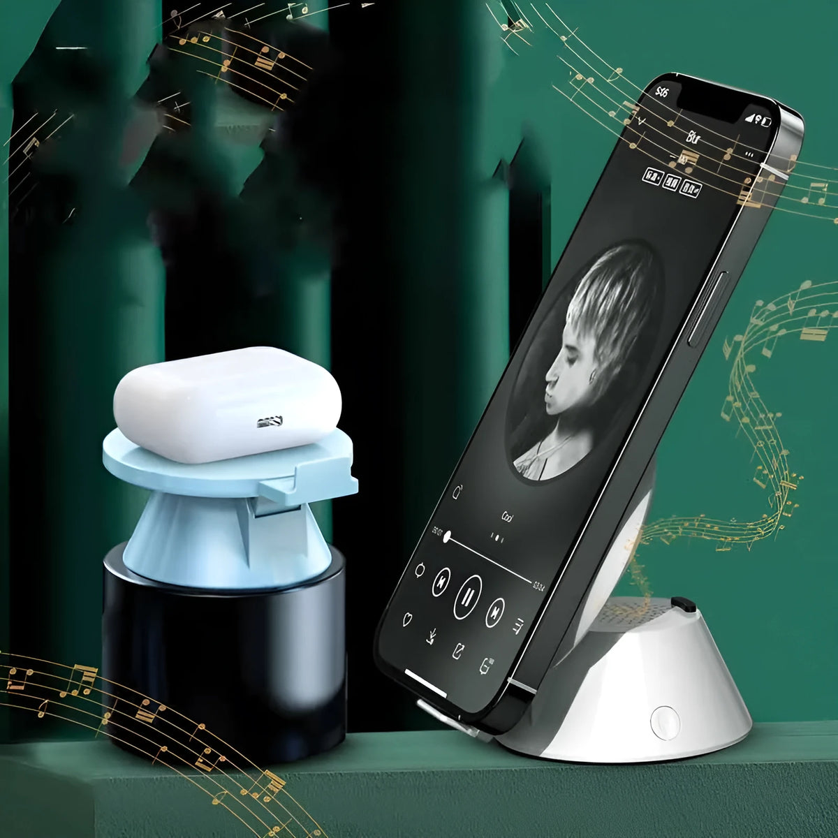 Small white plastic wireless phone charger holder with Bluetooth speaker, 12 × 10 × 6 cm, USB cable included