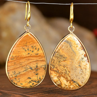 Women's retro-style drop earrings with a natural stone pendant in a water drop shape on an electroplated setting.