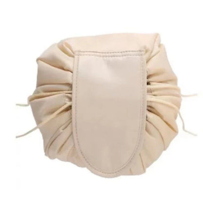 Stylish and roomy makeup travel bag with multiple color options, featuring a spacious interior and drawstring closure for secure storage of beauty essentials.