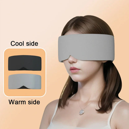 Double-sided sleep mask showing warm cotton and cooling ice silk surfaces with adjustable headband