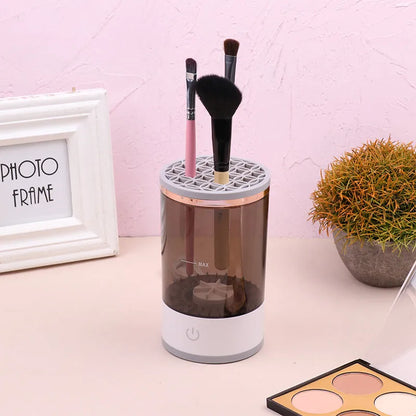 Grey and white portable electric makeup brush cleaner machine with USB charging cable