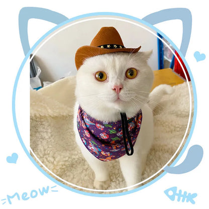 British cowboy hat for a cat on a stand, showing brown non woven fabric with a black ribbon trim.