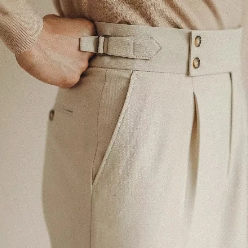 Slim fit straight leg business trousers in apricot colour on a hanger