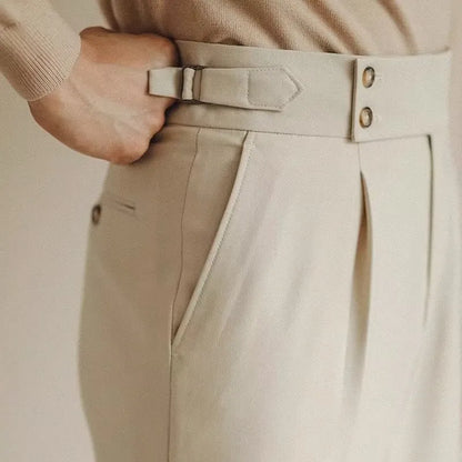 Slim fit straight leg business trousers in apricot colour on a hanger