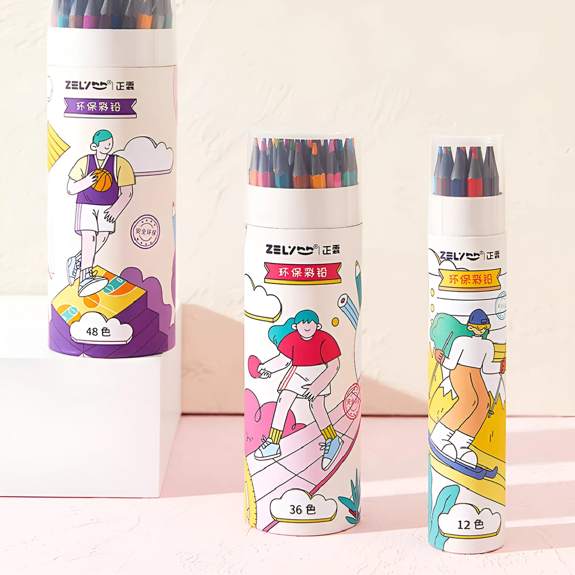 Zhenglin sports theme colour pencils in 24 or 36 colour sets with paper barrels