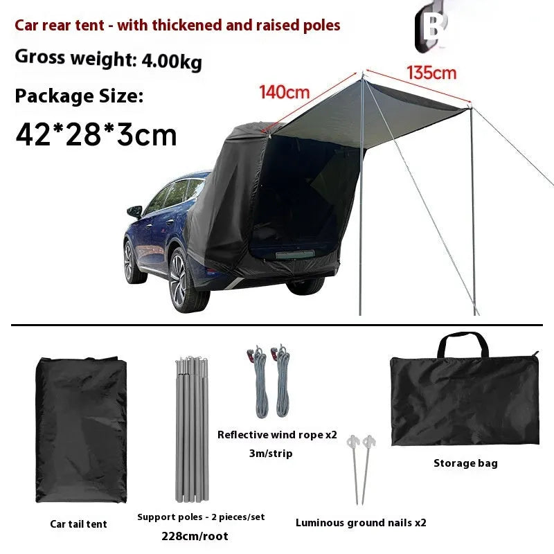 Outdoor camping rear tent roof extension with jackstay and reflective wind rope, packed size 42 x 28 x 3 cm