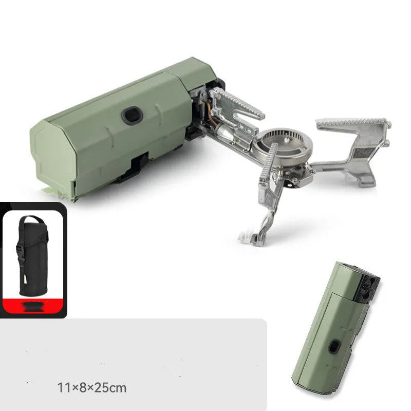 Green folding camping gas stove with serrated pot bracket, showing 25cm size next to butane canister