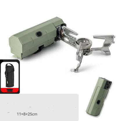 Green folding camping gas stove with serrated pot bracket, showing 25cm size next to butane canister