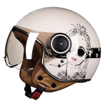 Retro style battery car half helmet in bright two-tone colours with ABS shell