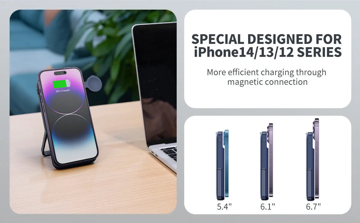 Black industrial style magnetic wireless power bank with 10000mAh capacity and bracket design
