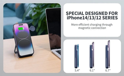 Black industrial style magnetic wireless power bank with 10000mAh capacity and bracket design