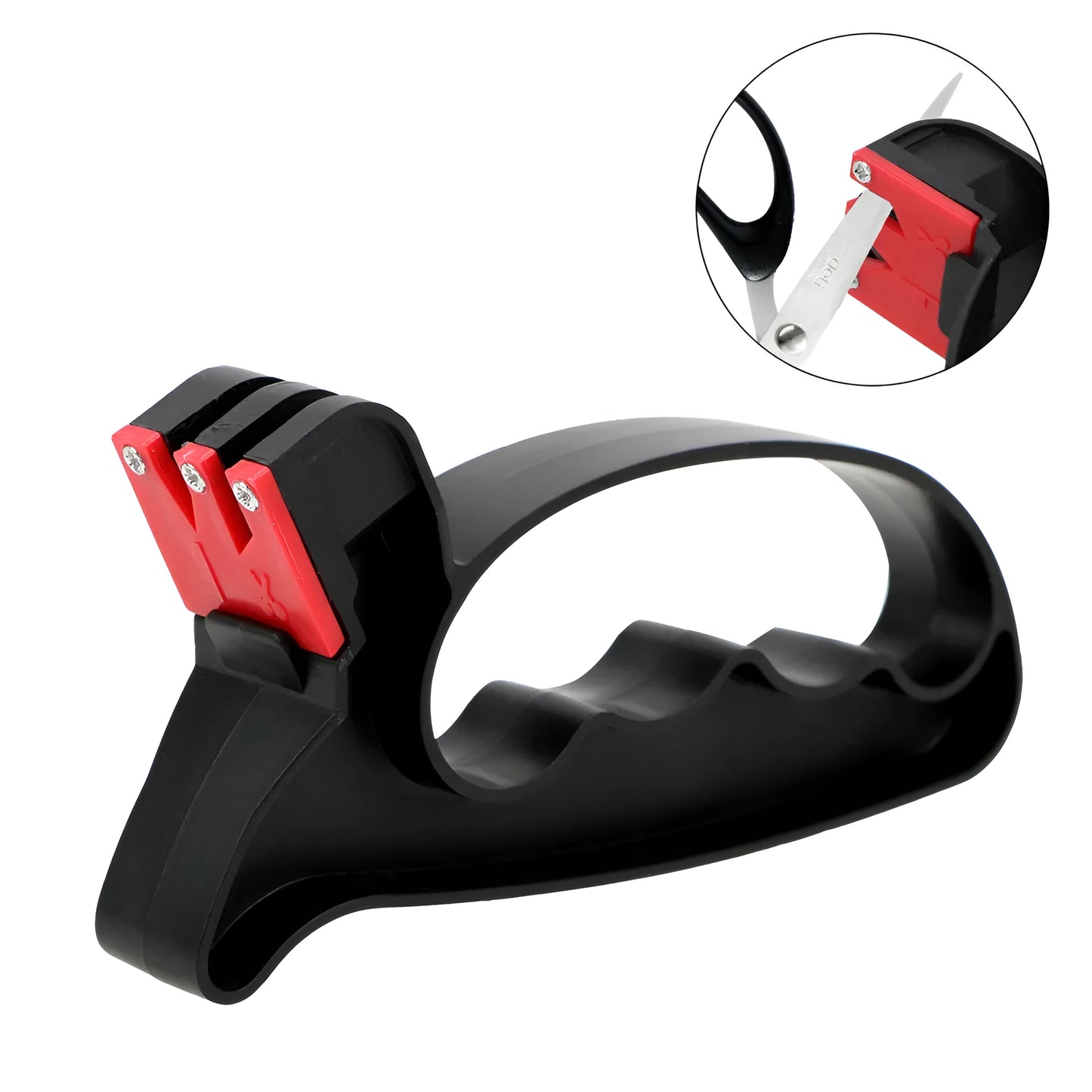 Black handheld knife and scissor sharpener with ergonomic grip, showing tungsten steel grindstone slot.