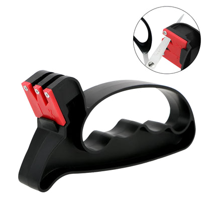 Black handheld knife and scissor sharpener with ergonomic grip, showing tungsten steel grindstone slot.