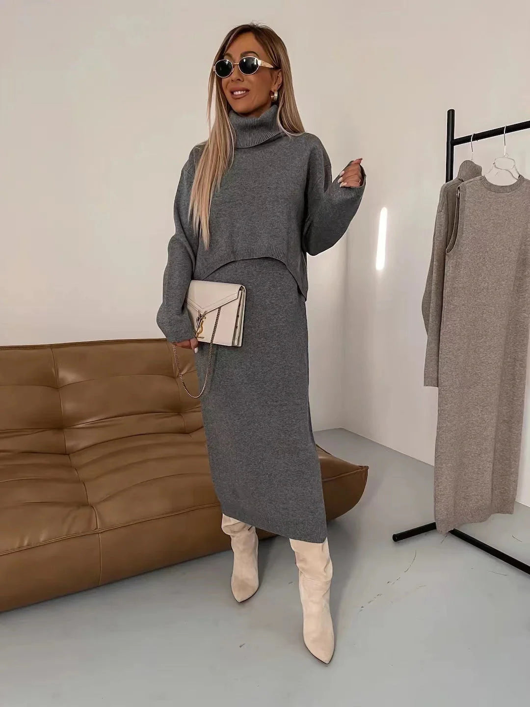 Winter women's 2-piece sweater suit with turtleneck pullover and sleeveless long dress