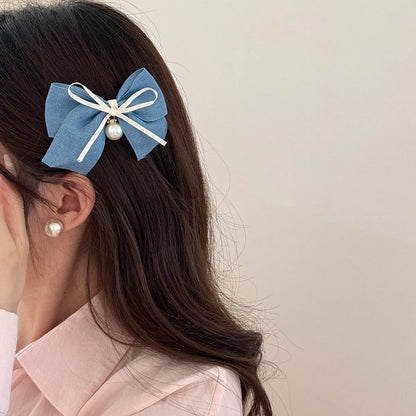 Women's cloth hair barrettes in beige lace, blue bow, oval, pearl butterfly and ribbon pastoral styles
