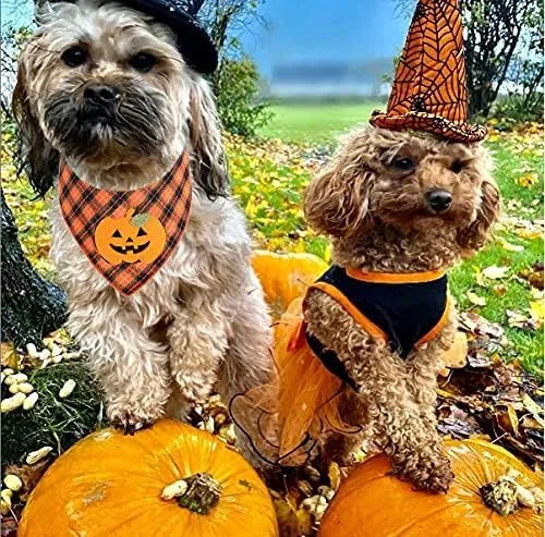 Orange Halloween dog bandana with felt pumpkin appliques on plaid fabric