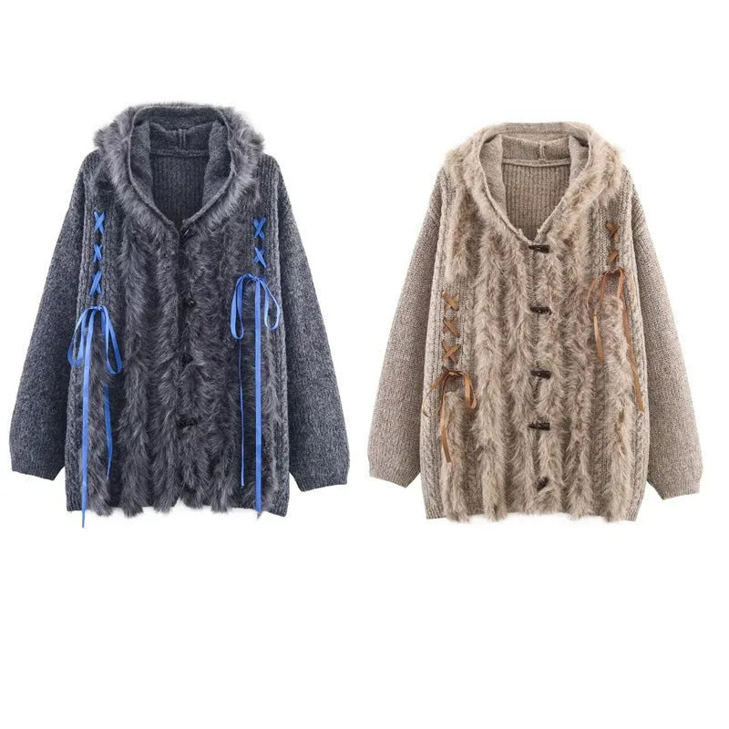 Women's striped hoodie knitted coat with horn button and contrast colour detail in gray or khaki