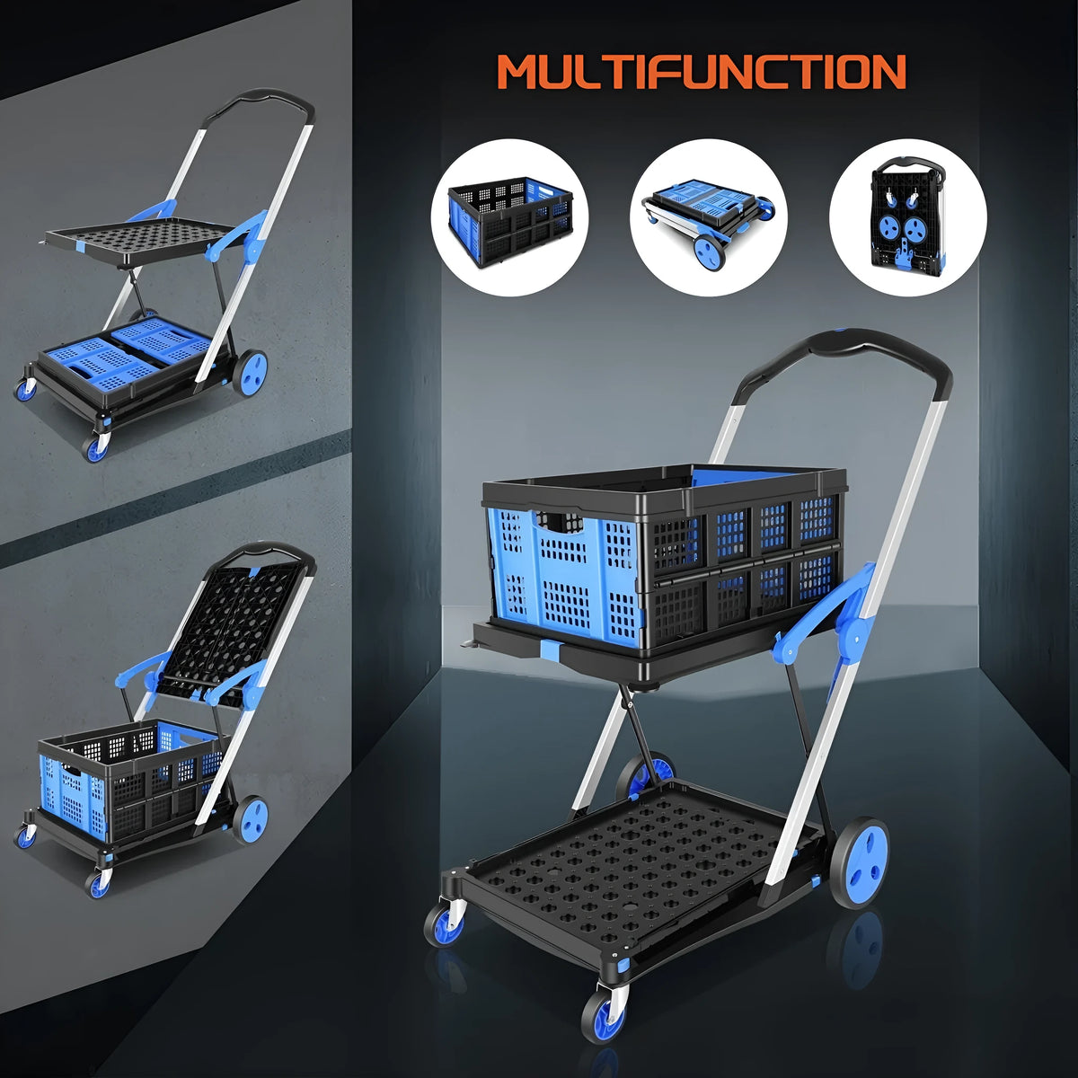Blue foldable shopping cart with two plastic baskets, shown in an open position.