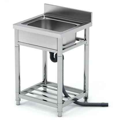 Stainless steel vegetable washing basin with a brushed finish and a deep, single sink design.