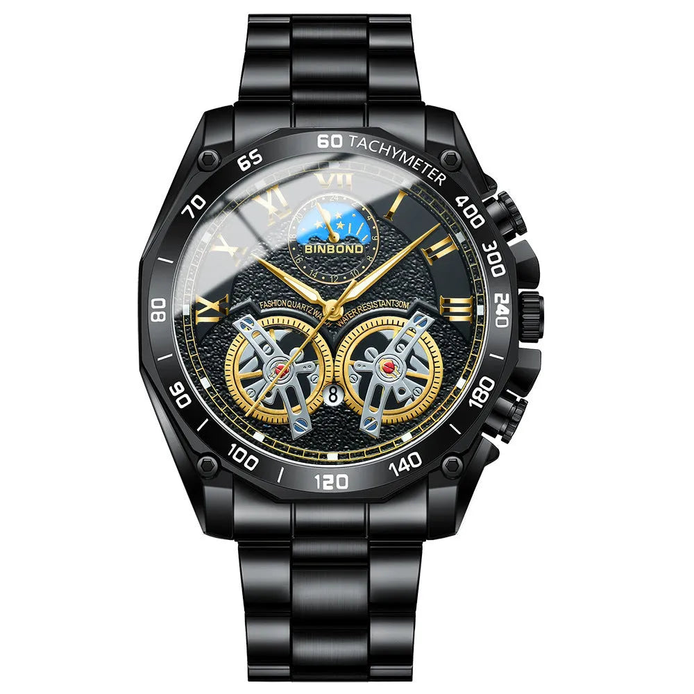 Men's hollow mechanical watch 11mm thick with visible movement and choice of gold, black steel, or white steel finish